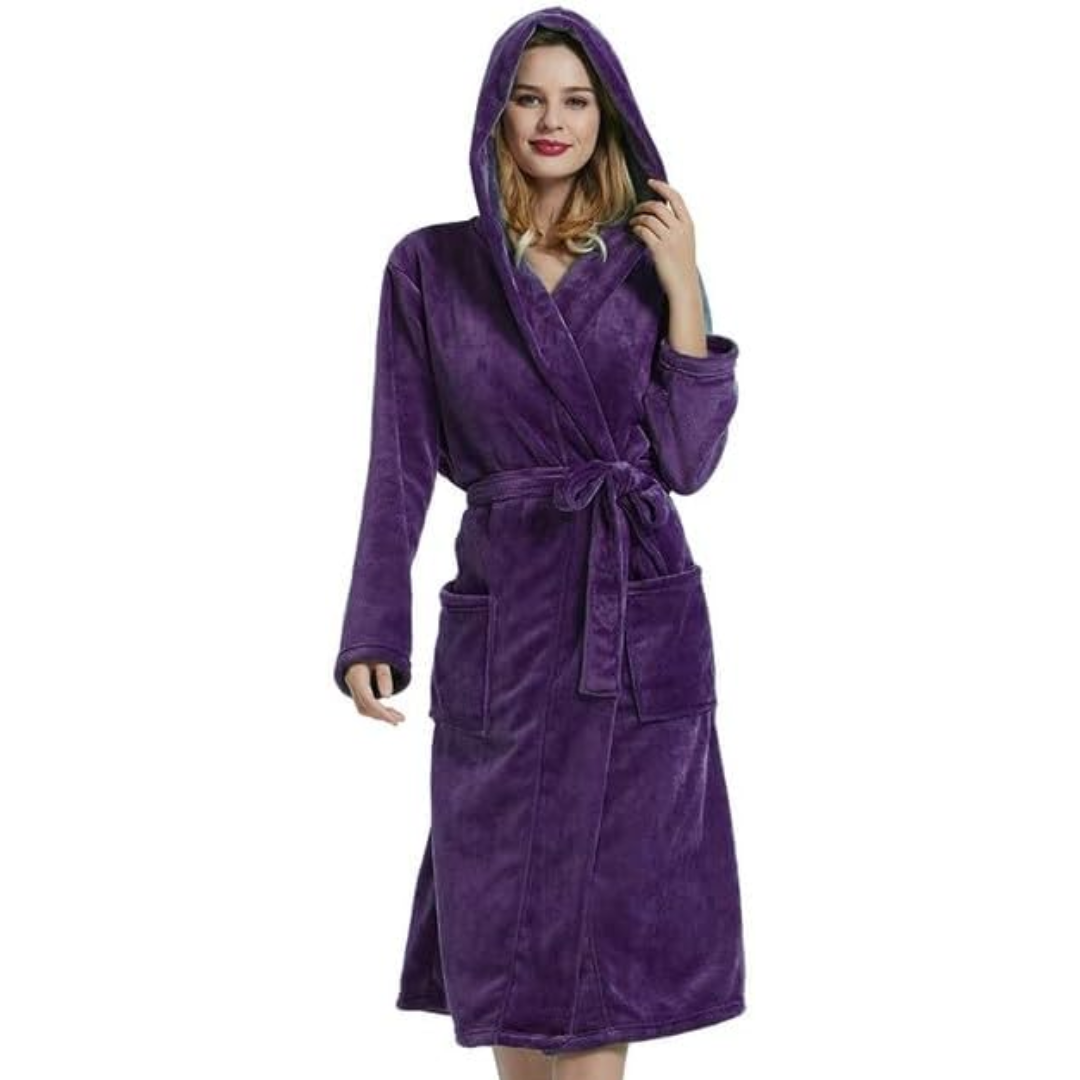 Ladies Fleece Bathrobe with Hood – Vivianne-Dark purple-S-M-The Livary