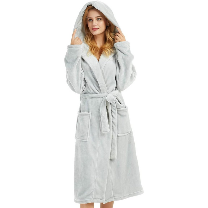 Ladies Fleece Bathrobe with Hood – Vivianne-Light grey-S-M-The Livary