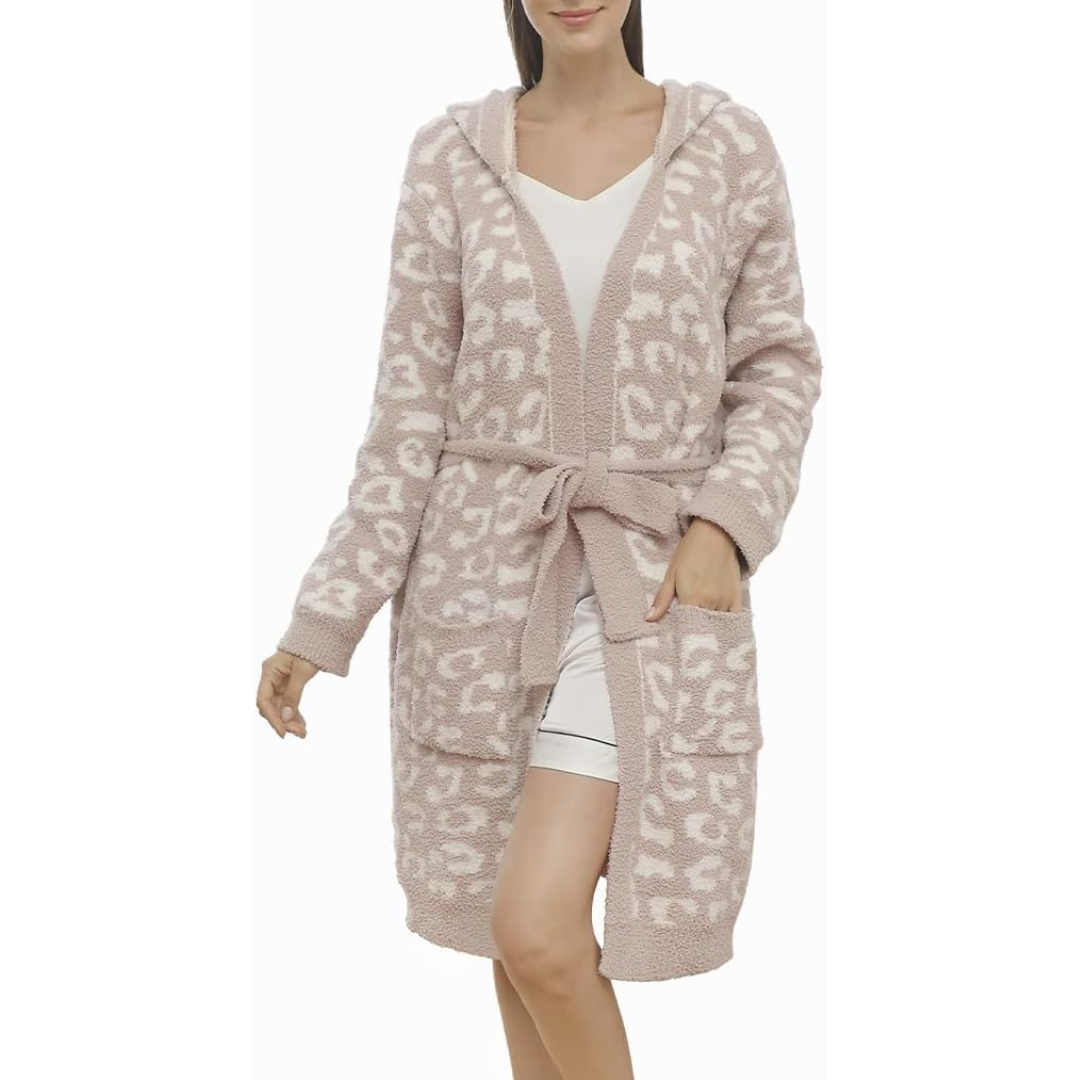 Comfortable Ladies Spa Bathrobe - Victoria-Leopard Cream - Hood-The Livary