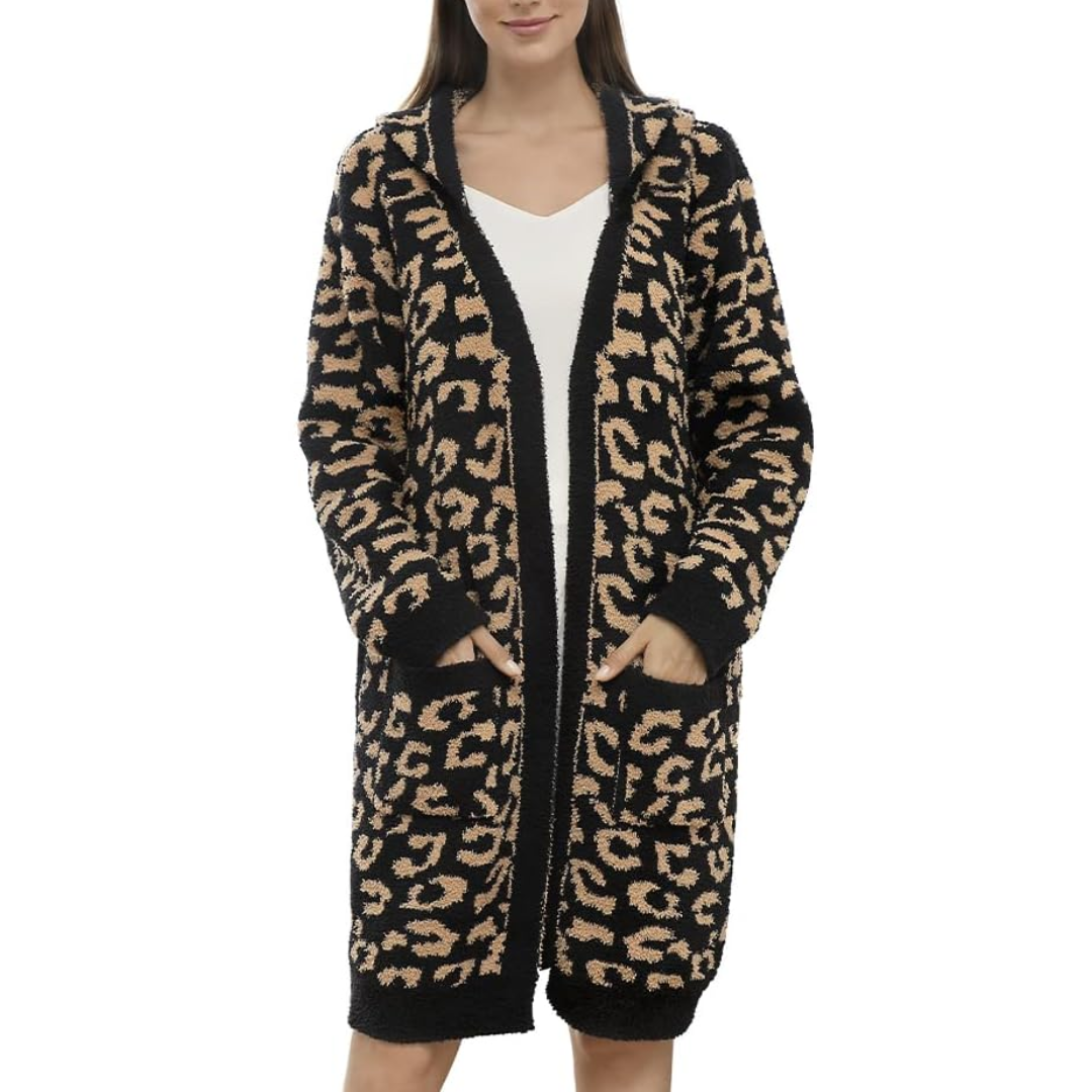 Comfortable Ladies Spa Bathrobe - Victoria-Leopard Black - Hood-The Livary