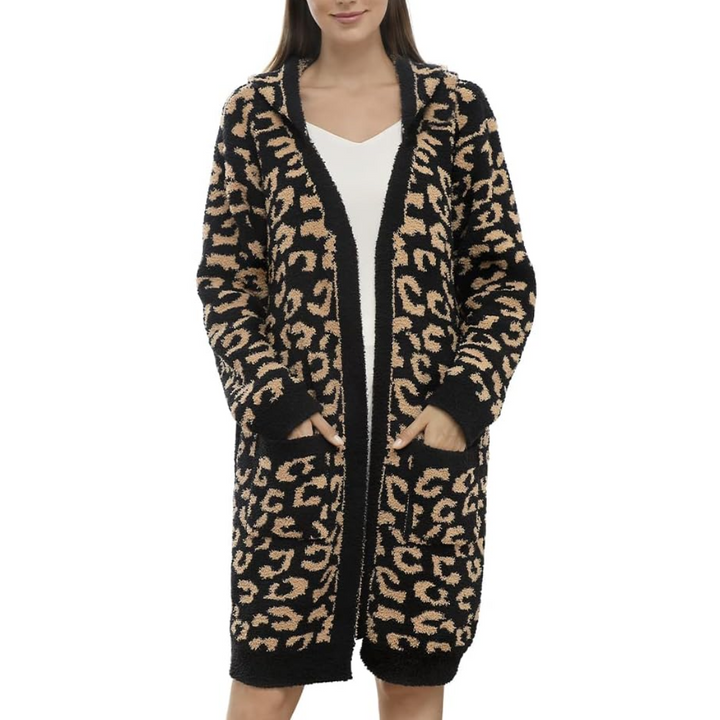 Comfortable Ladies Spa Bathrobe - Victoria-Leopard Black - Hood-The Livary
