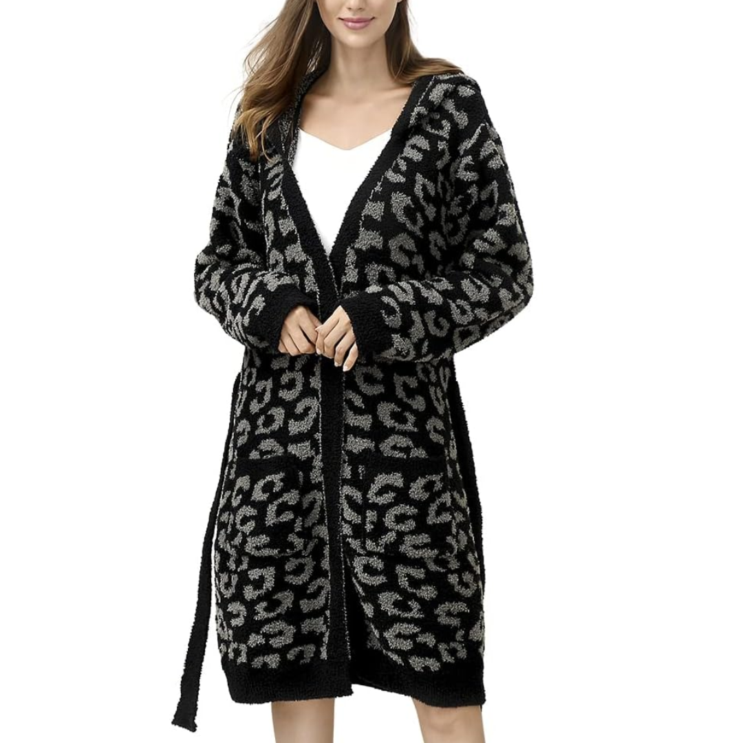 Comfortable Ladies Spa Bathrobe - Victoria-Leopard carbon - Hood-The Livary