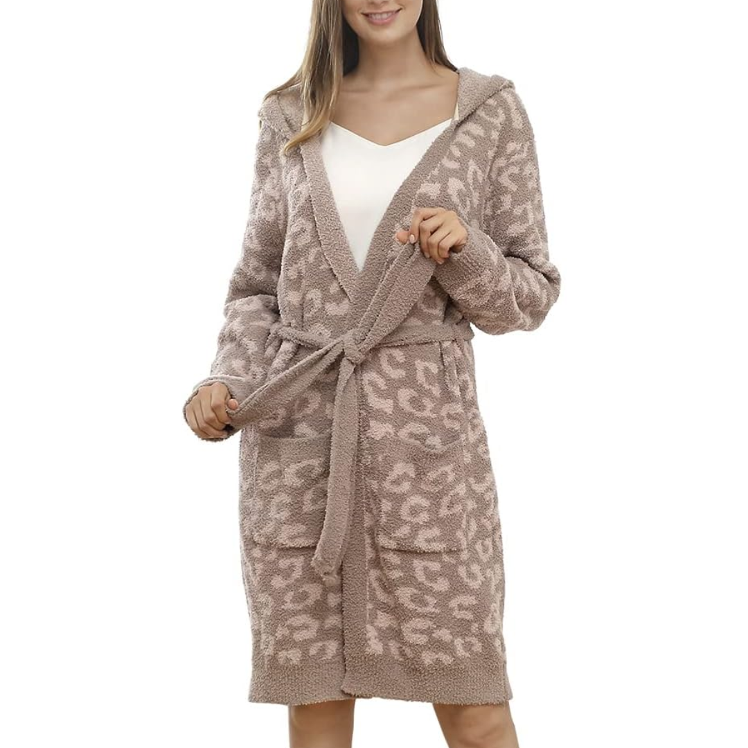 Comfortable Ladies Spa Bathrobe - Victoria-Leopard grey - Hoodie-The Livary