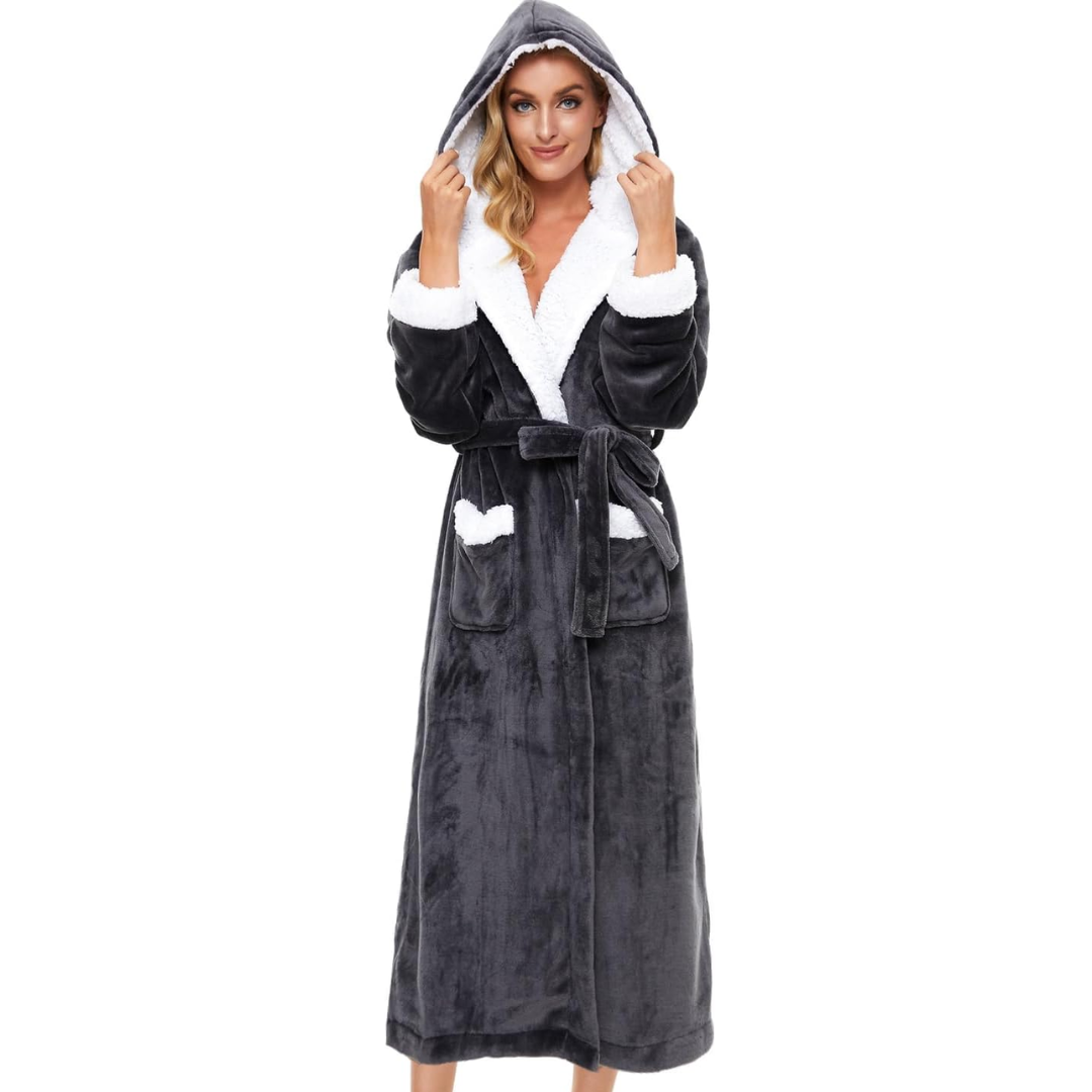 Fluffy Fleece Hooded Bathrobe for Women - Feline-Grey-S-The Livary