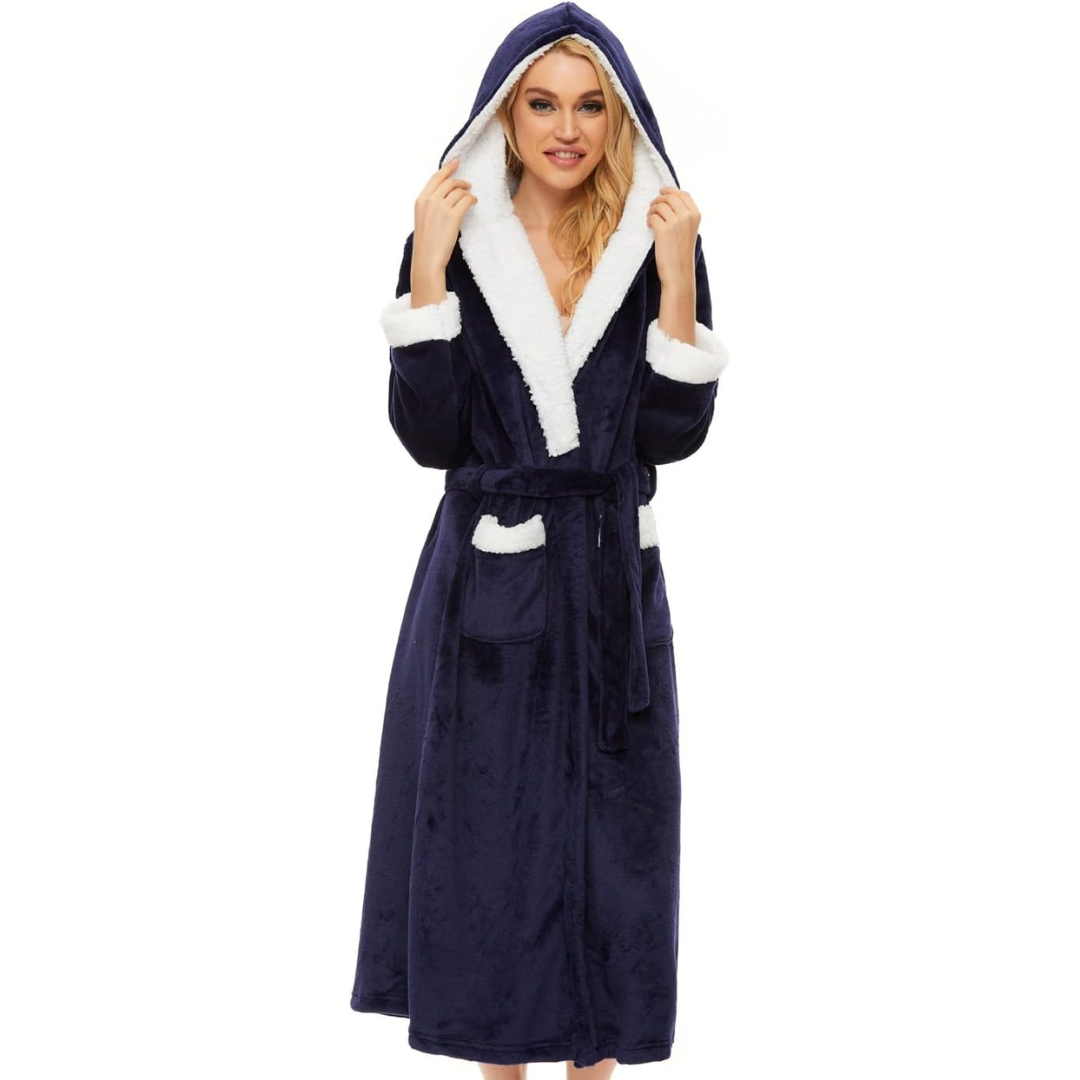 Fluffy Fleece Hooded Bathrobe for Women - Feline-Marine blue-S-The Livary