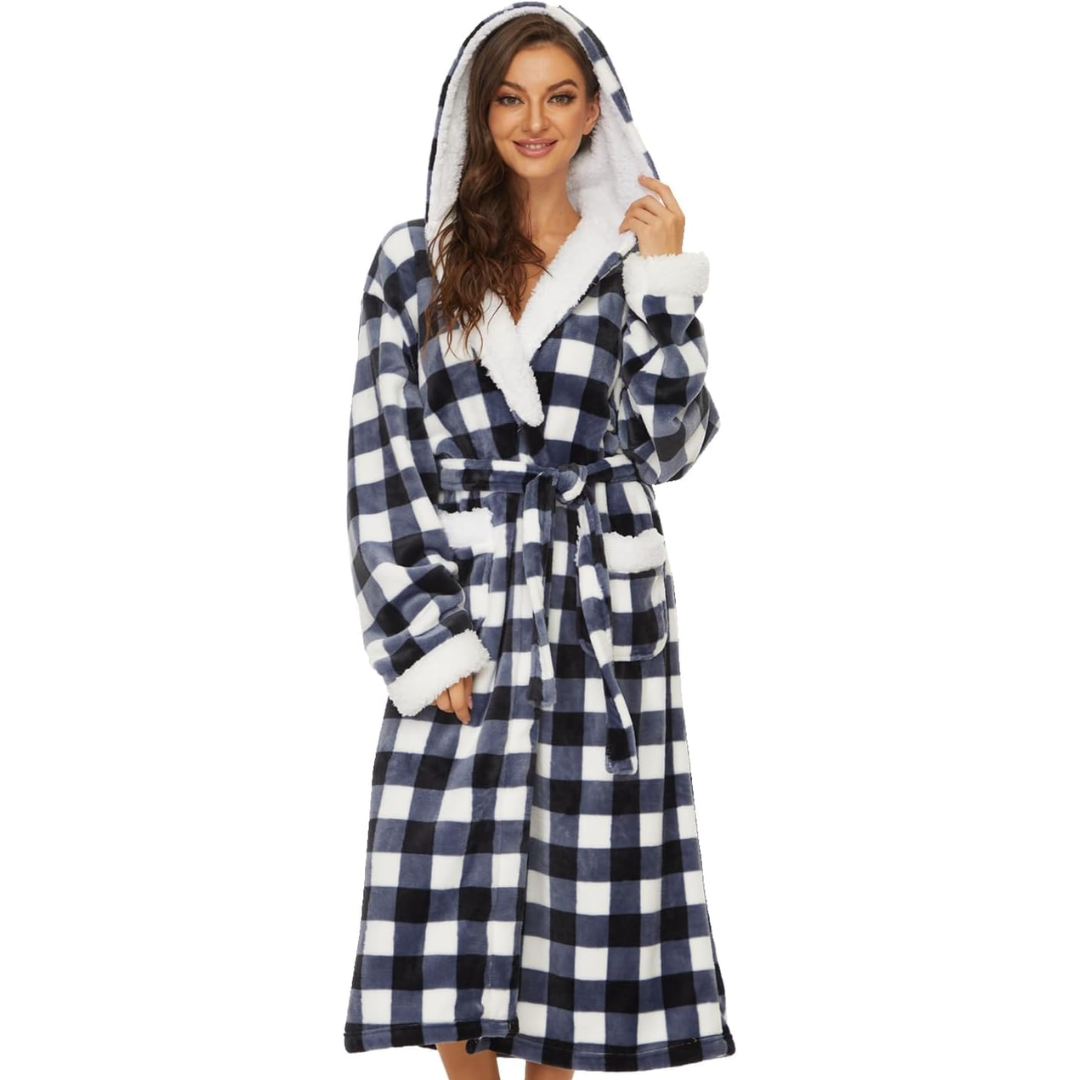 Fluffy Fleece Hooded Bathrobe for Women - Feline-Plaid Zwart Wit-S-The Livary