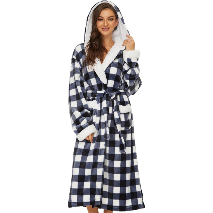 Fluffy Fleece Hooded Bathrobe for Women - Feline-Plaid Zwart Wit-S-The Livary