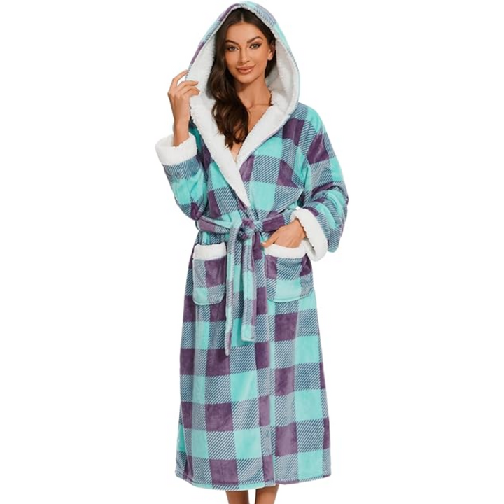 Fluffy Fleece Hooded Bathrobe for Women - Feline-Plaid Green-Black-S-The Livary