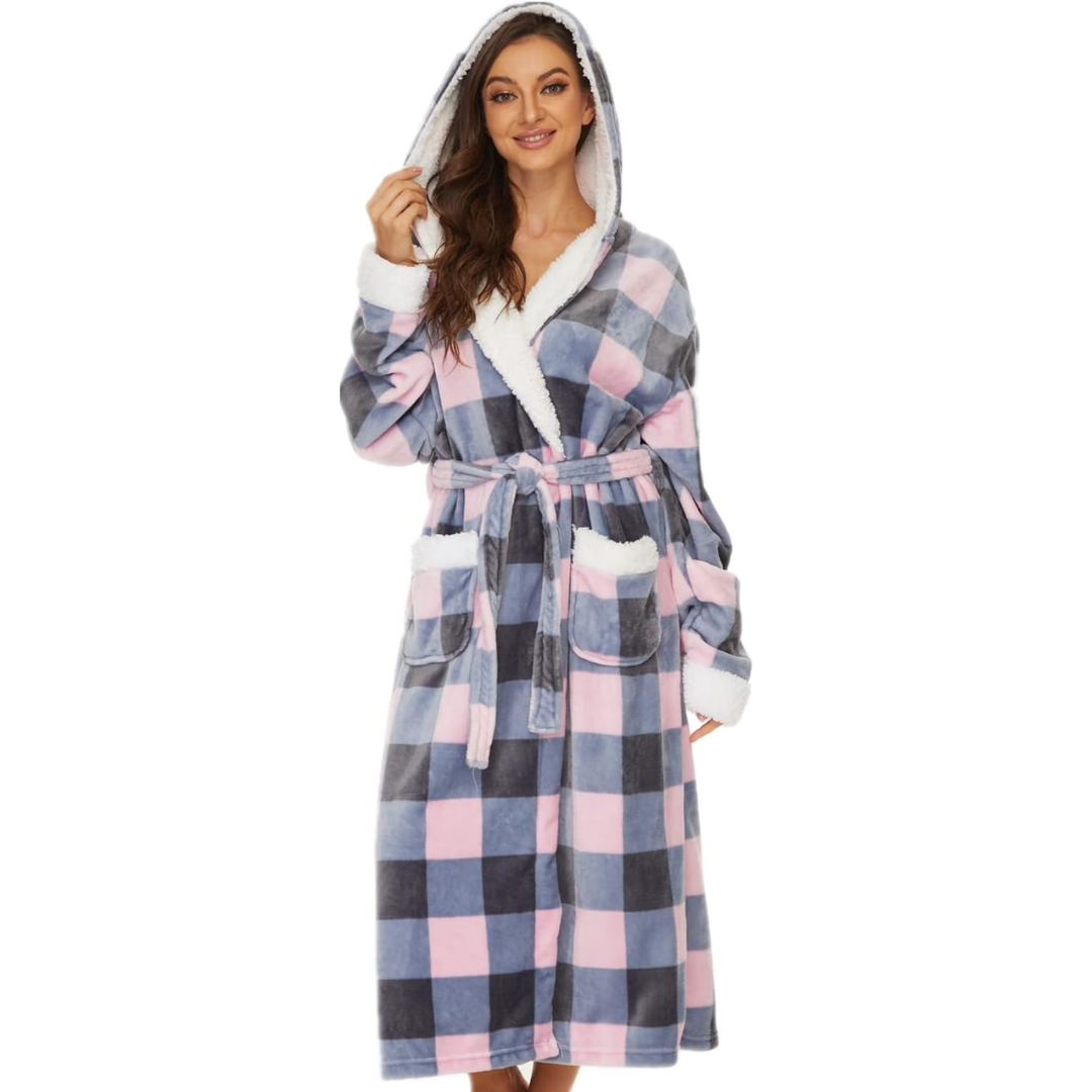Fluffy Fleece Hooded Bathrobe for Women - Feline-Plaid Grey Pink-S-The Livary