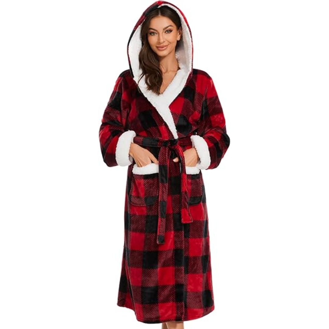 Fluffy Fleece Hooded Bathrobe for Women - Feline-Plaid Red Black-S-The Livary