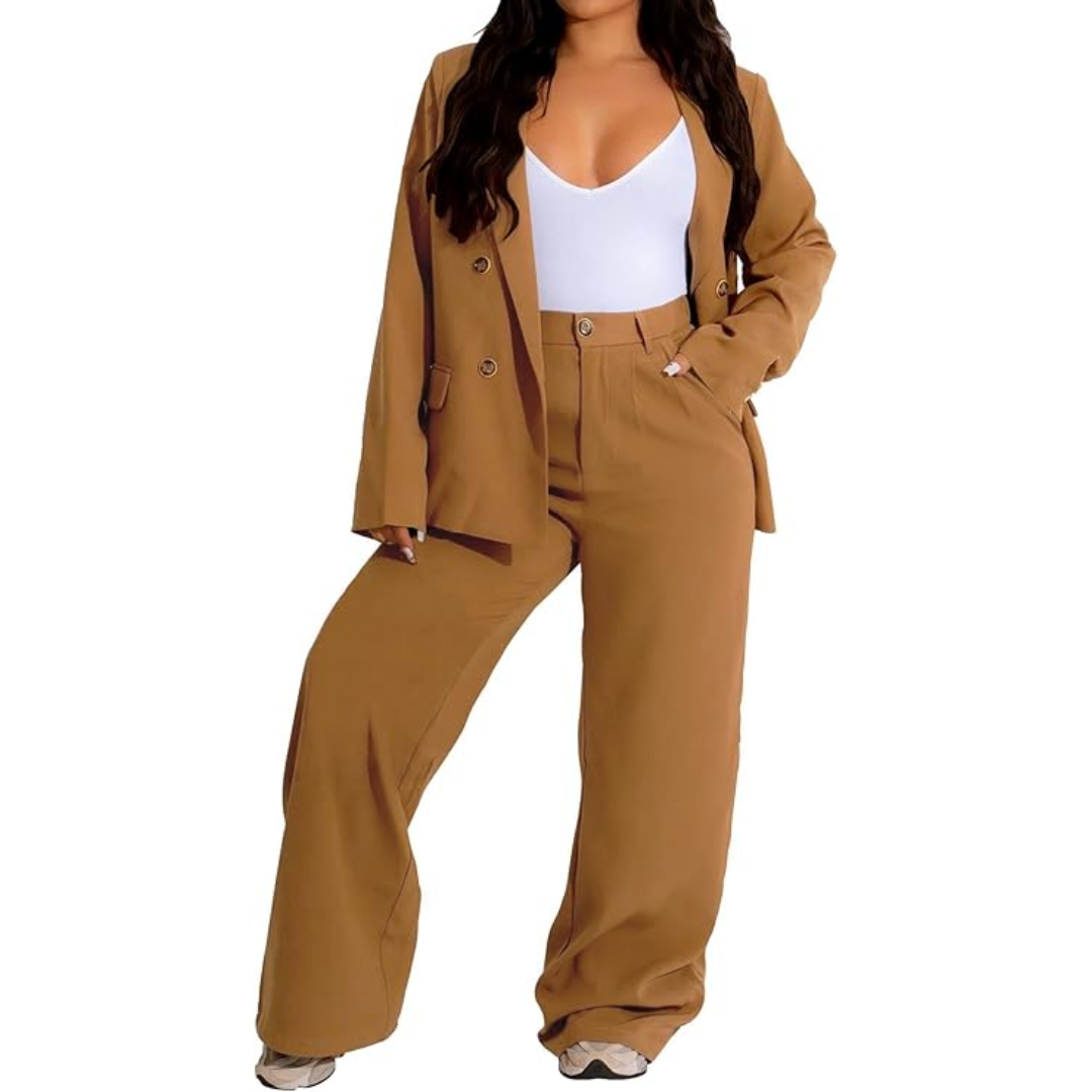 Two-Piece Blazer & Wide Trousers Women's Business Suit - Wendy-Khaki-S-The Livary