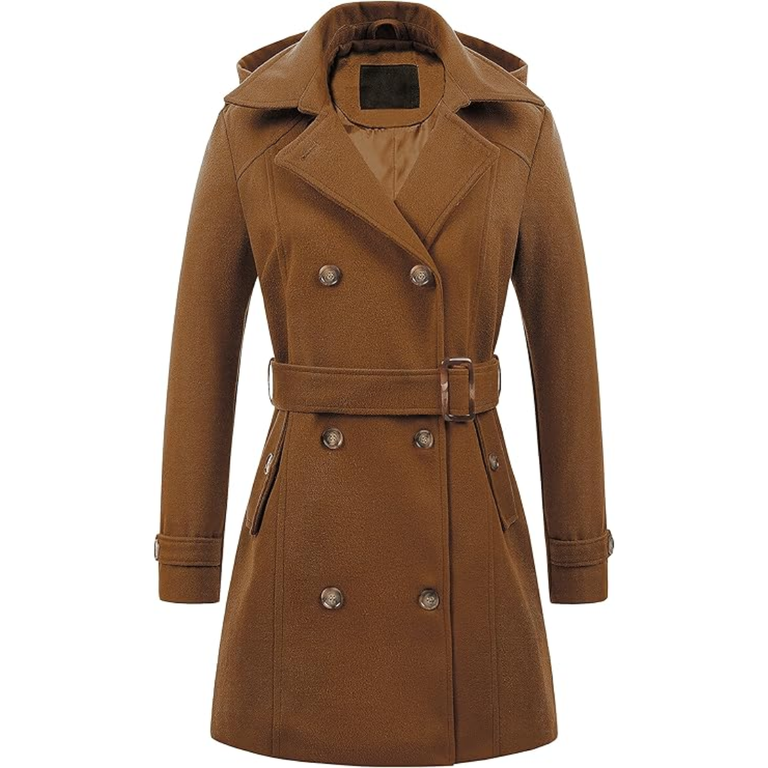 Ladies Padded Winter Trench Coat with Hood - Nina-Brown-S-The Livary