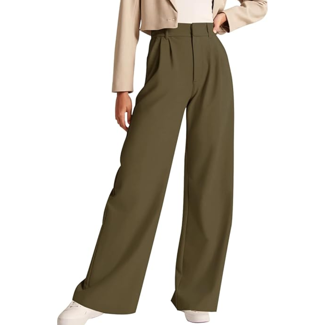 High Waisted Business Casual Work Trousers with Pockets - Katja-Olive green-Short-The Livary