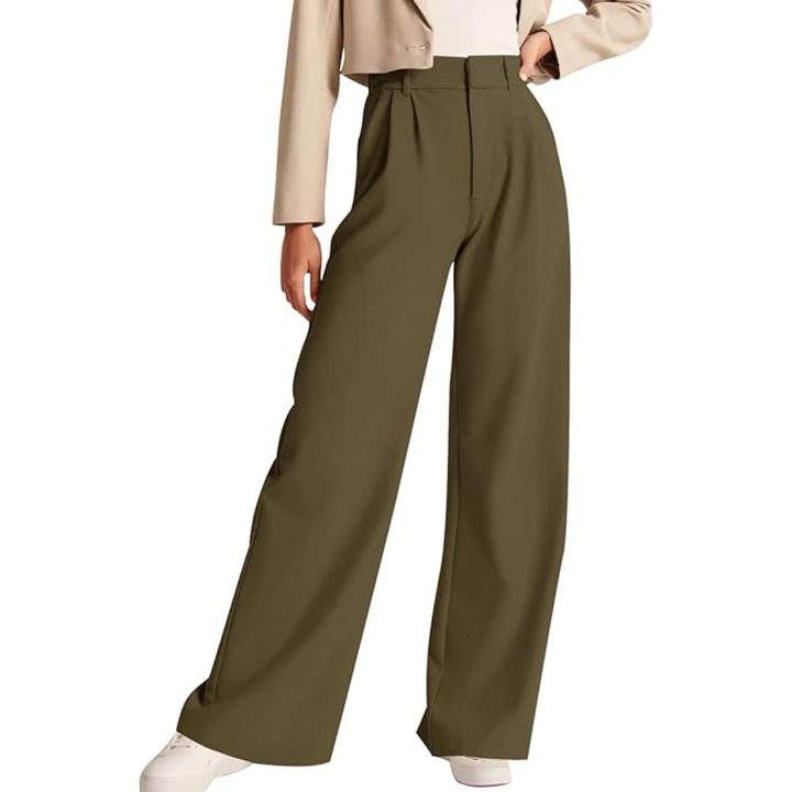 High Waisted Business Casual Work Trousers with Pockets - Katja-Olive green-Short-The Livary