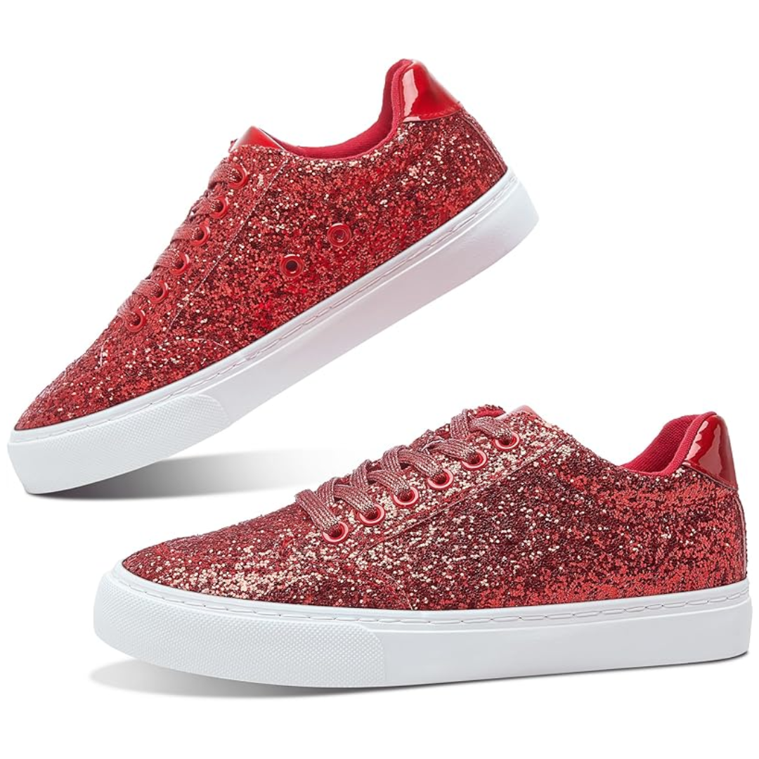 Glitter Sparkly Lace-up Sneakers - Anna-Red-3.5-The Livary