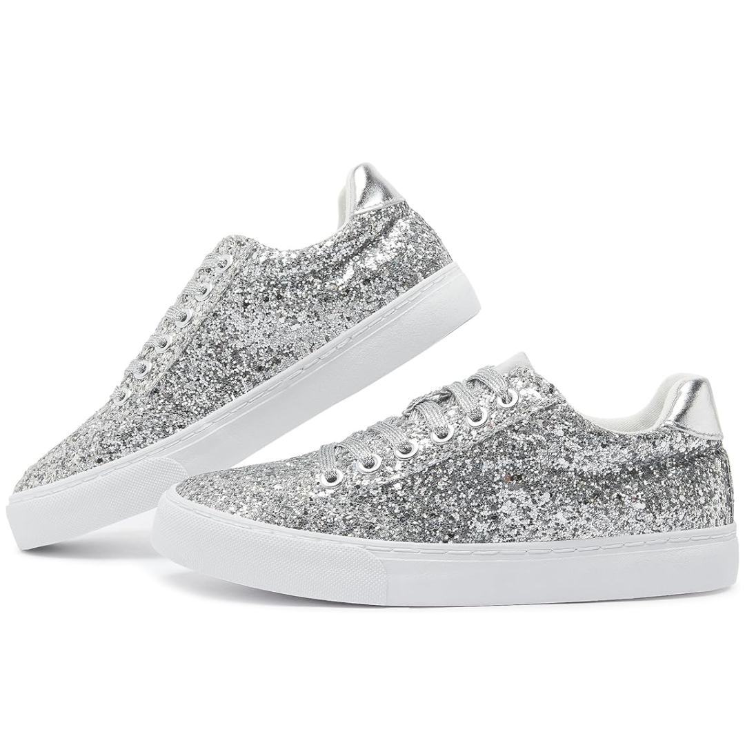 Glitter Sparkly Lace-up Sneakers - Anna-Silver-3.5-The Livary