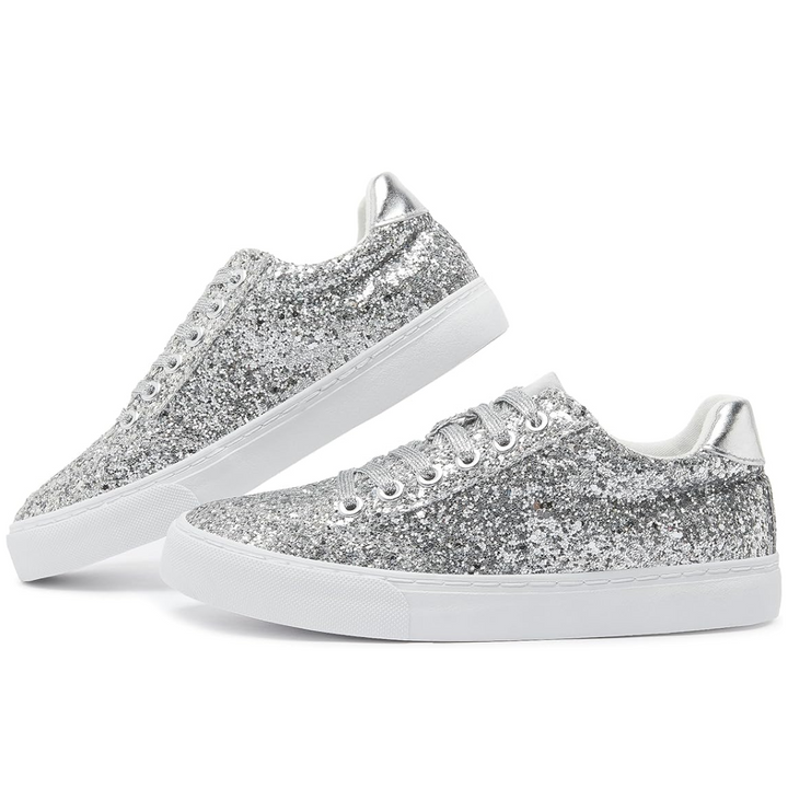Glitter Sparkly Lace-up Sneakers - Anna-Silver-3.5-The Livary