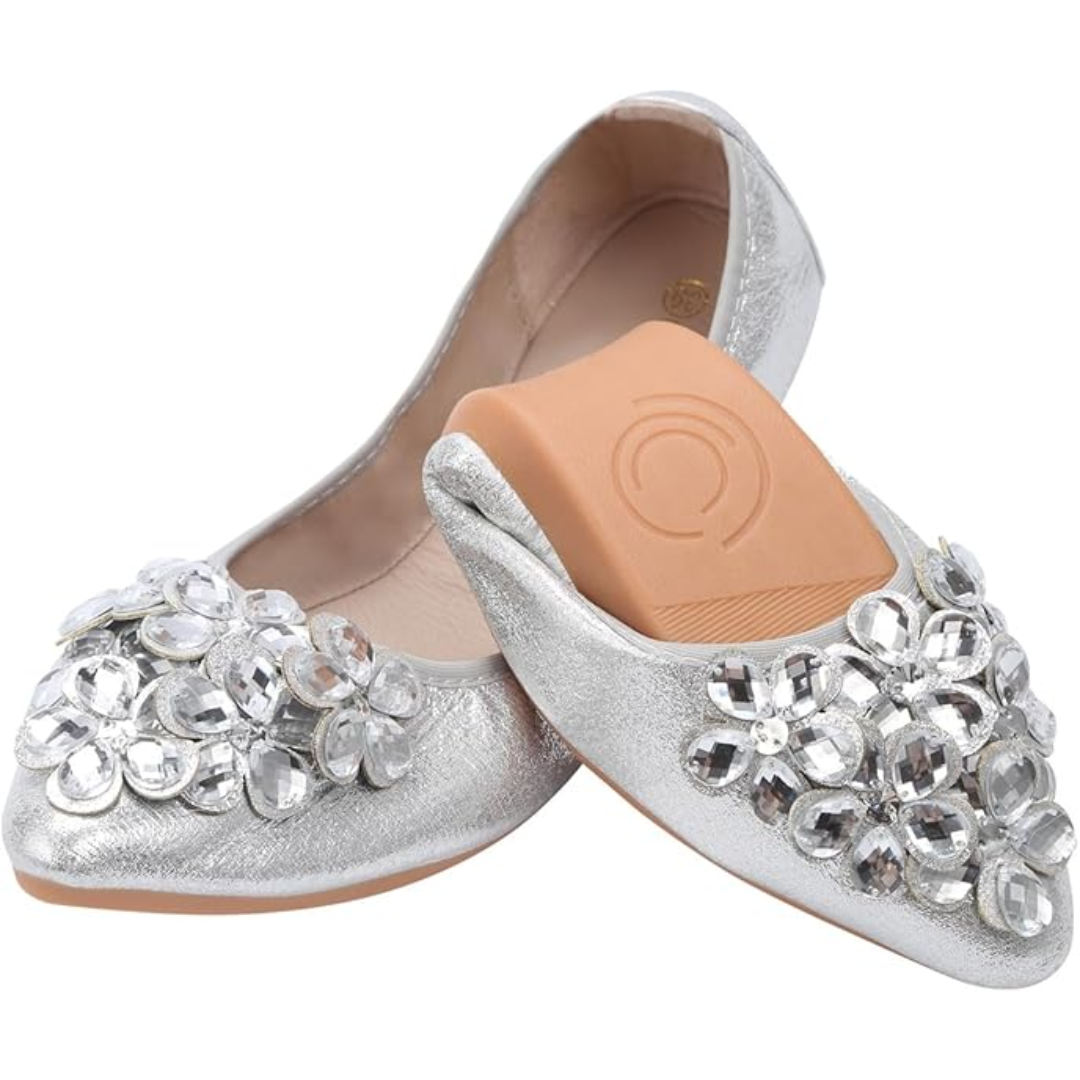 Glittering Rhinestone Ballerina Flats - Yelena-Silver-3.5-The Livary
