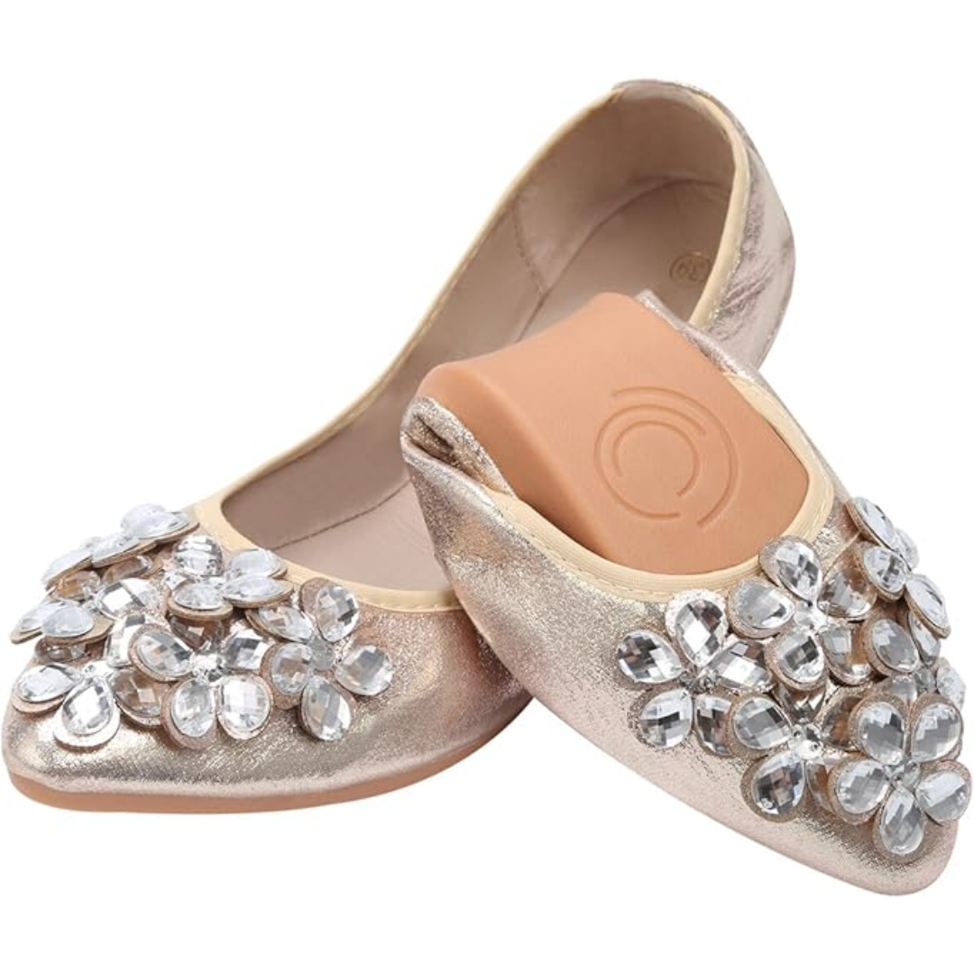 Glittering Rhinestone Ballerina Flats - Yelena-Gold-3.5-The Livary
