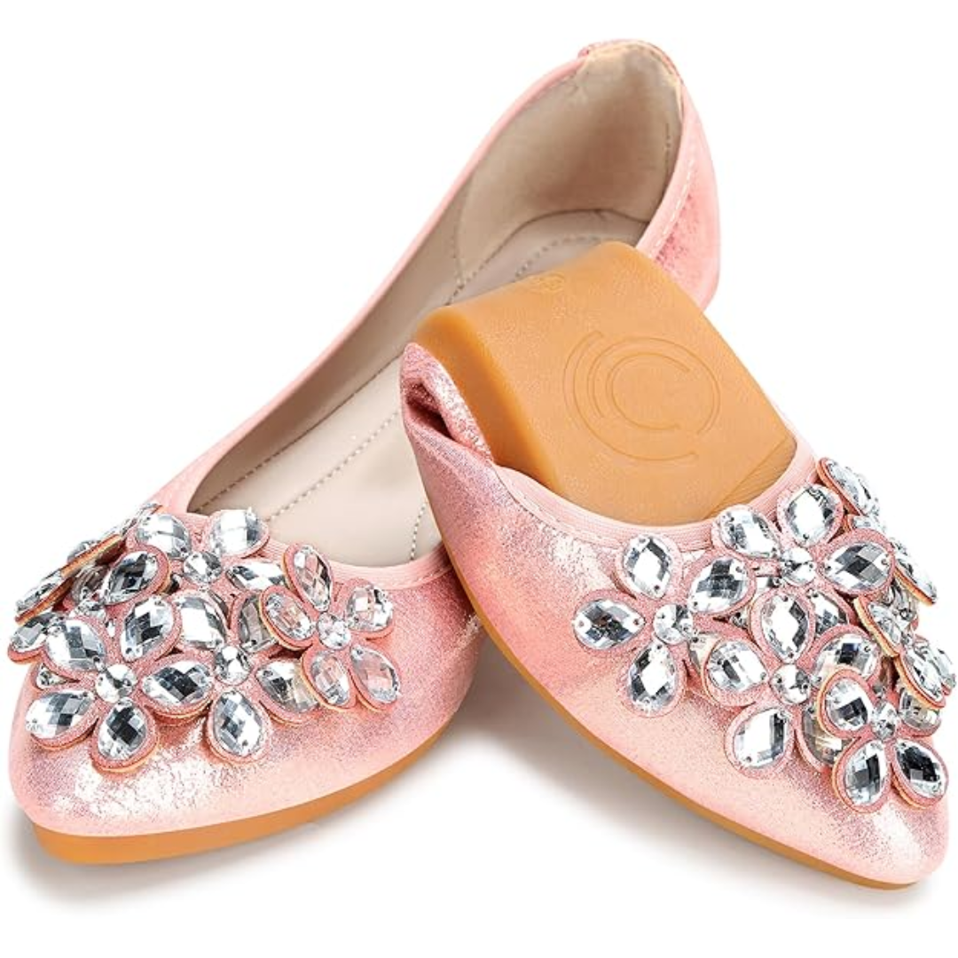Glittering Rhinestone Ballerina Flats - Yelena-Pink-3.5-The Livary