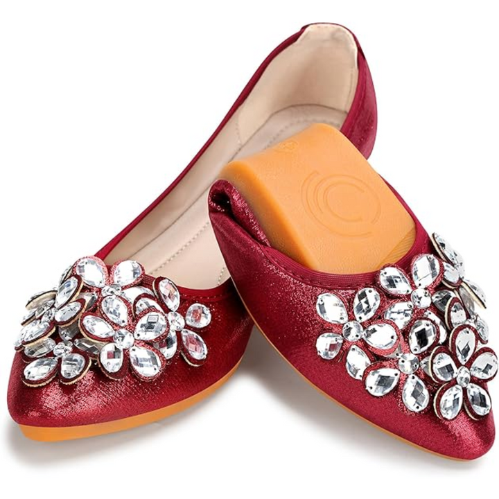 Glittering Rhinestone Ballerina Flats - Yelena-Red-3.5-The Livary