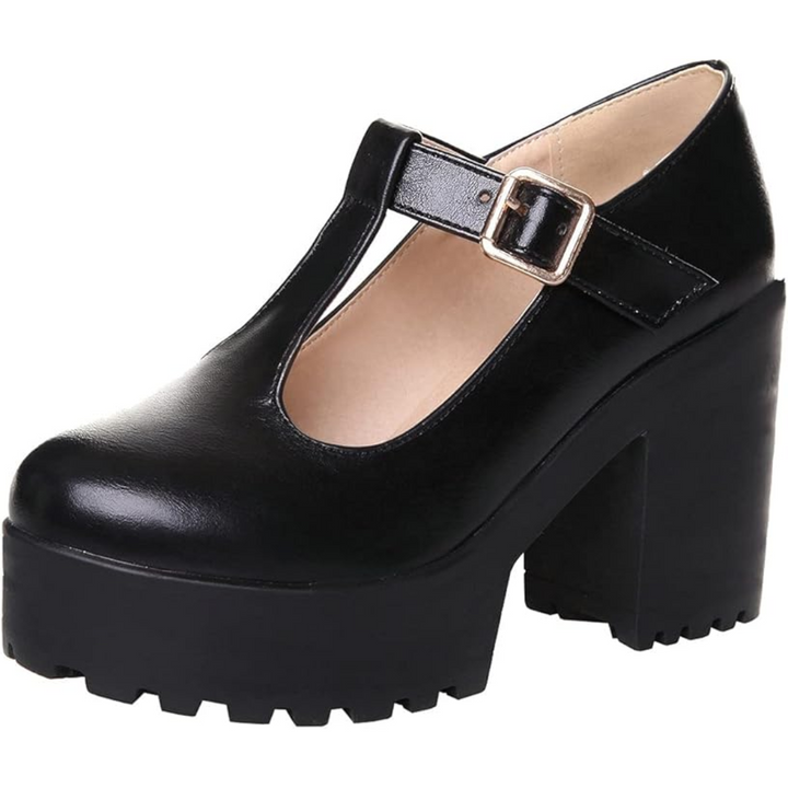 T-Strap Chunky Platform Heels – Jane-Black 1-2-The Livary