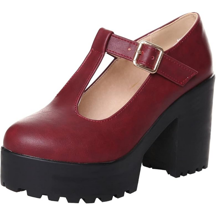 T-Strap Chunky Platform Heels – Jane-Red 1-2-The Livary