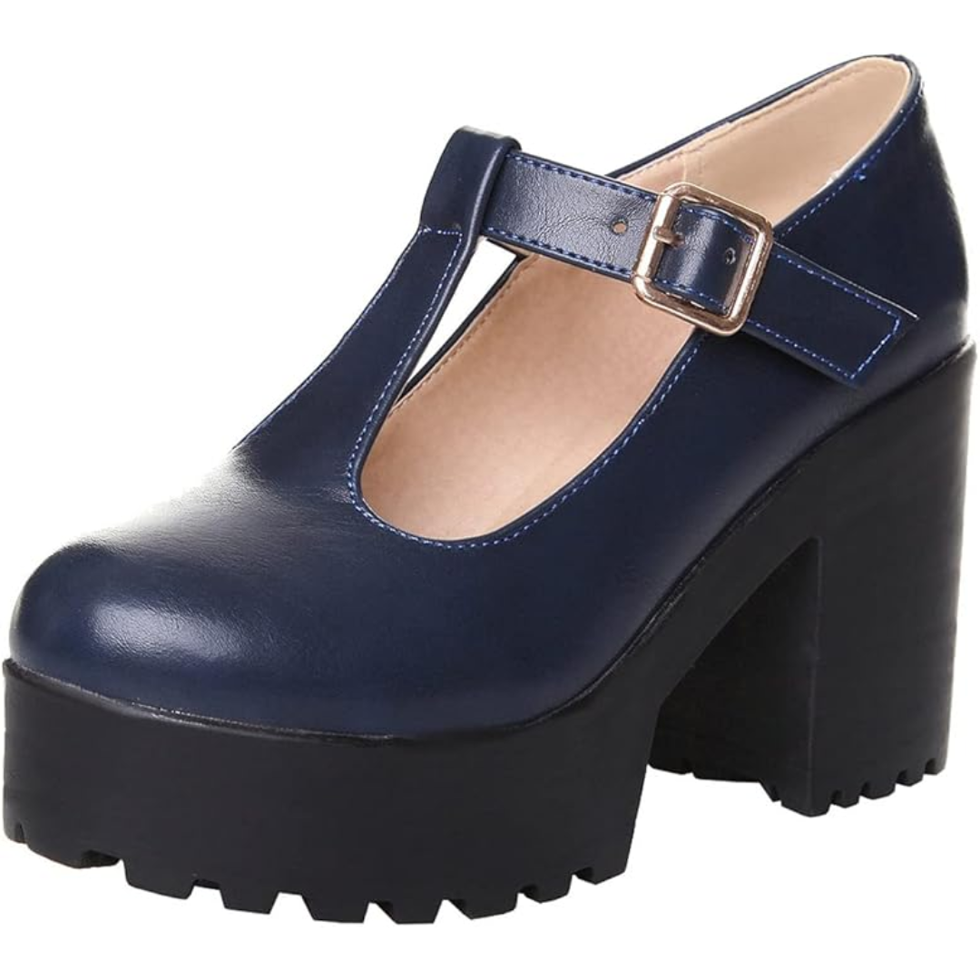 T-Strap Chunky Platform Heels – Jane-Marine blue-2-The Livary