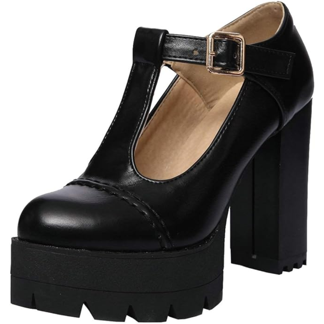 T-Strap Chunky Platform Heels – Jane-Black 2-2-The Livary