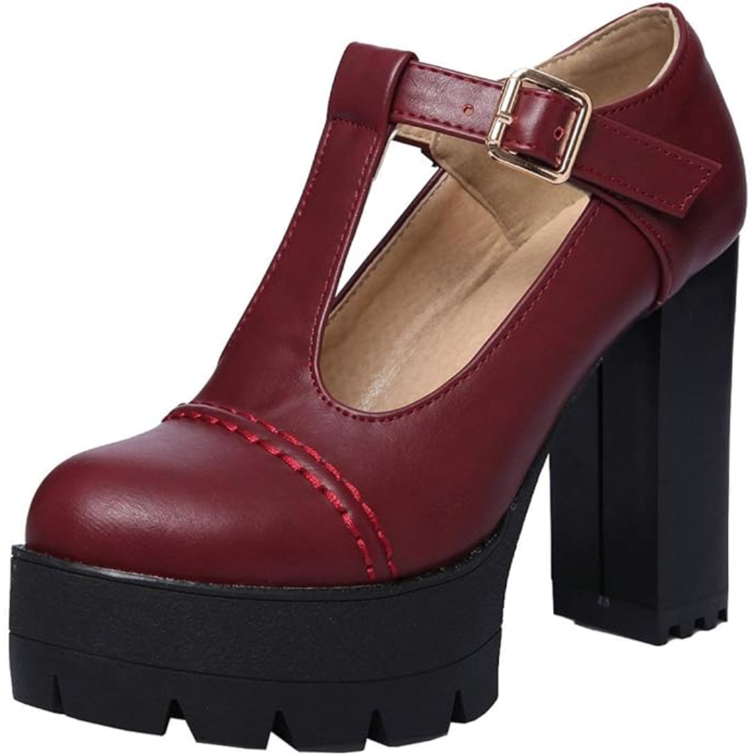 T-Strap Chunky Platform Heels – Jane-Red 2-2-The Livary