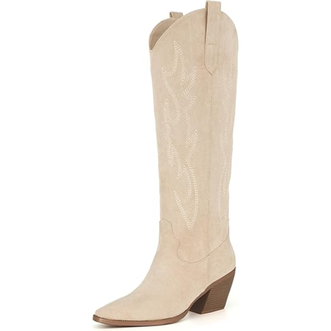 Knee-high Embroidered Suede & Faux Leather Cowboy Boots - Mary-Beige-2.5-3.5-The Livary