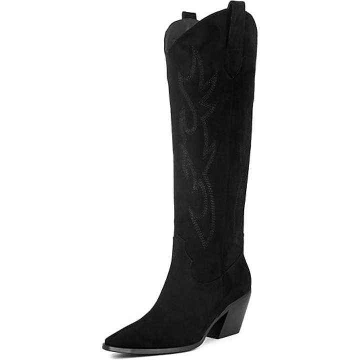 Knee-high Embroidered Suede & Faux Leather Cowboy Boots - Mary-Black-2.5-3.5-The Livary