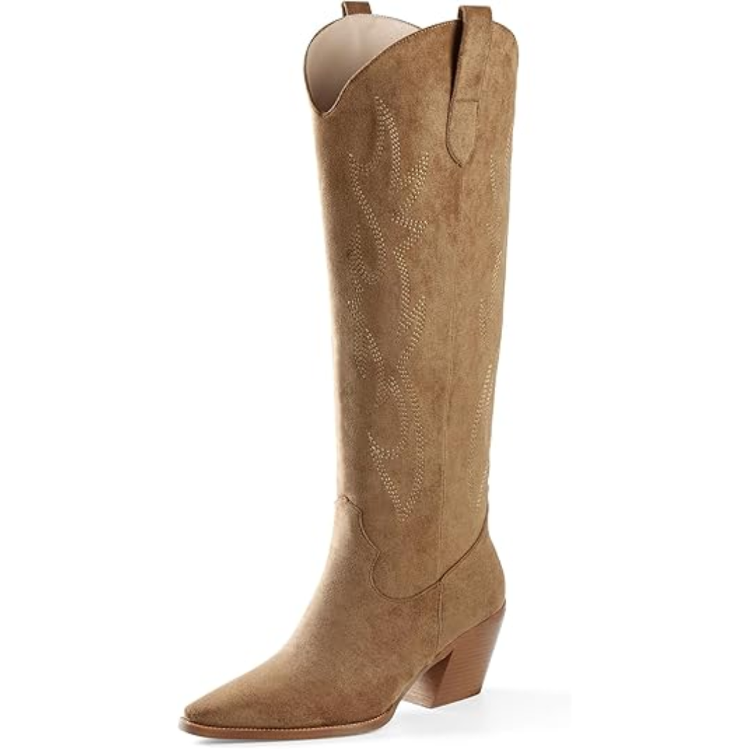 Knee-high Embroidered Suede & Faux Leather Cowboy Boots - Mary-Light brown-2.5-3.5-The Livary