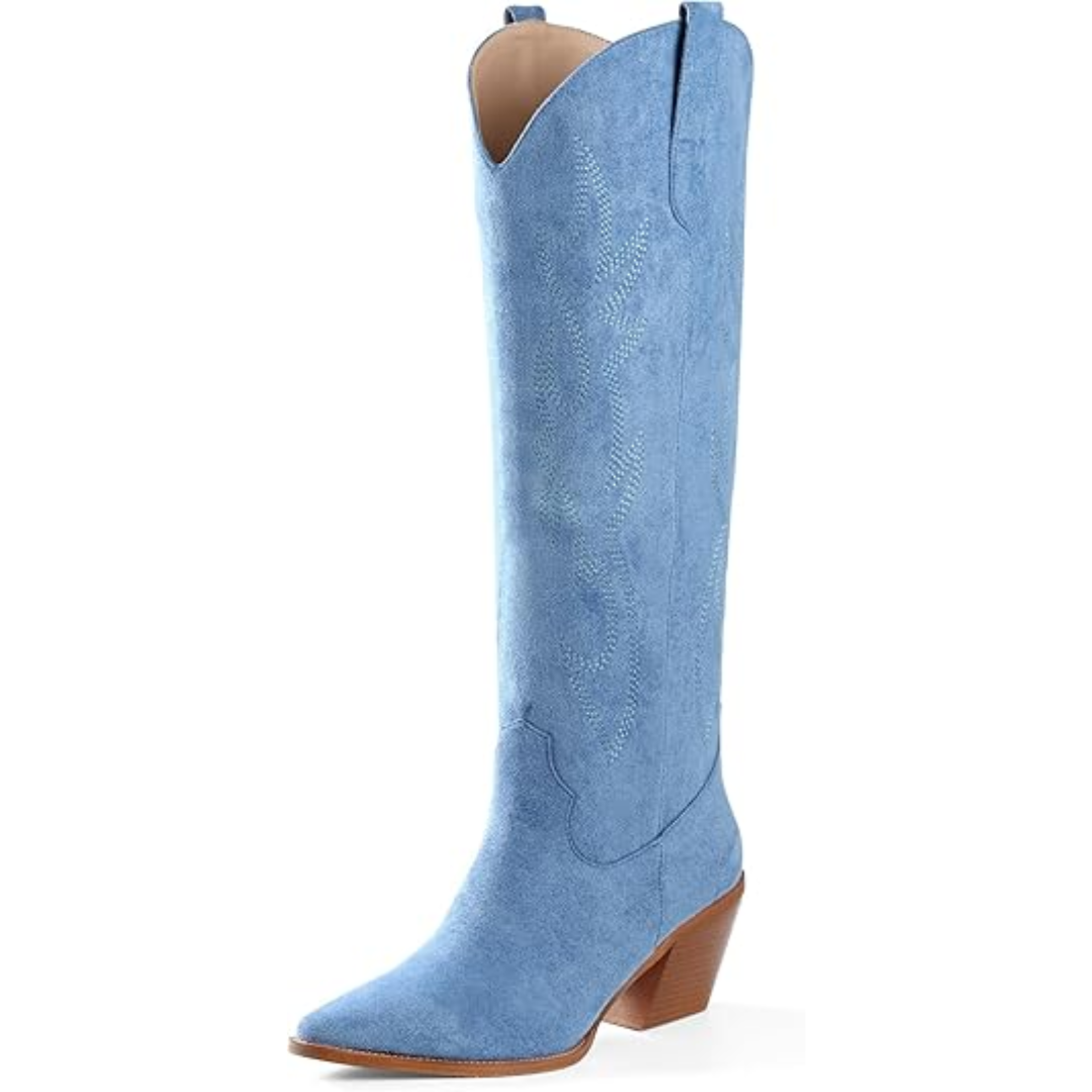 Knee-high Embroidered Suede & Faux Leather Cowboy Boots - Mary-Blue-2.5-3.5-The Livary
