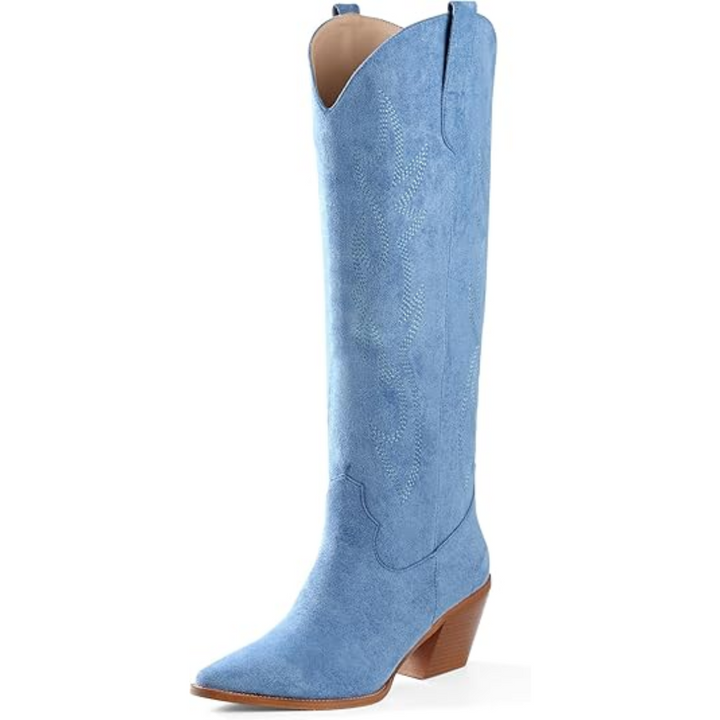 Knee-high Embroidered Suede & Faux Leather Cowboy Boots - Mary-Blue-2.5-3.5-The Livary