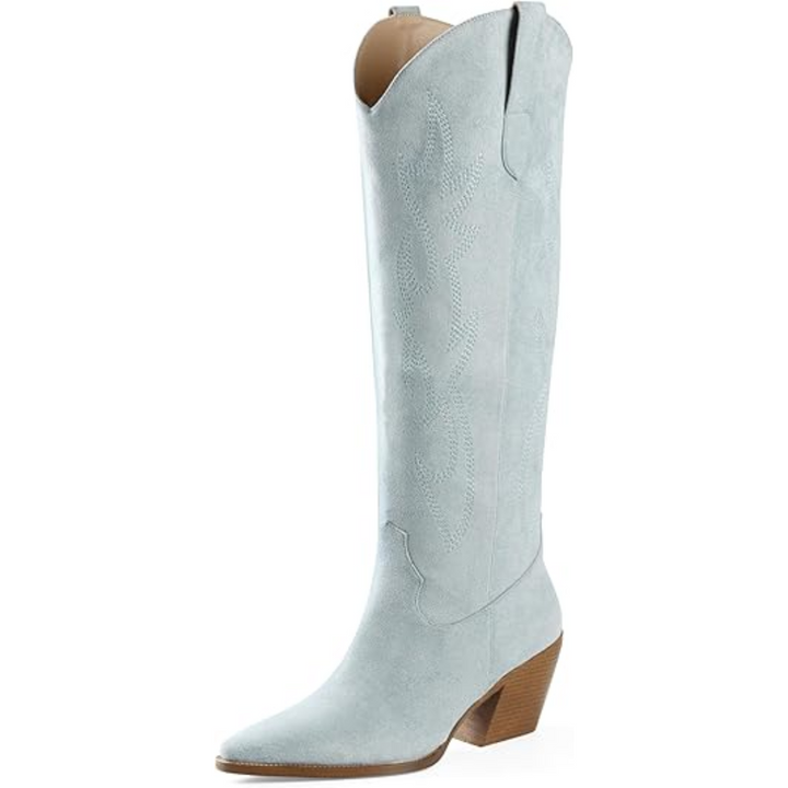 Knee-high Embroidered Suede & Faux Leather Cowboy Boots - Mary-Light blue-2.5-3.5-The Livary