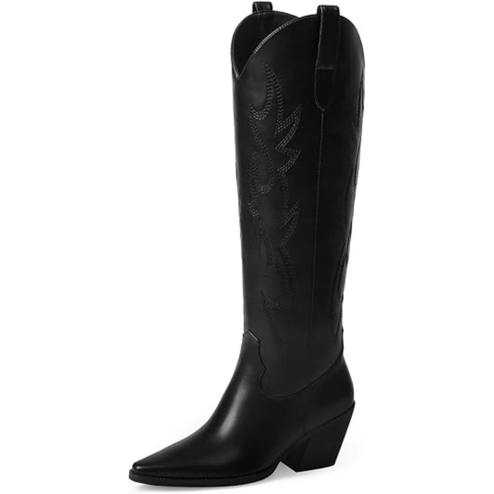 Knee-high Embroidered Suede & Faux Leather Cowboy Boots - Mary-Black PU-2.5-3.5-The Livary
