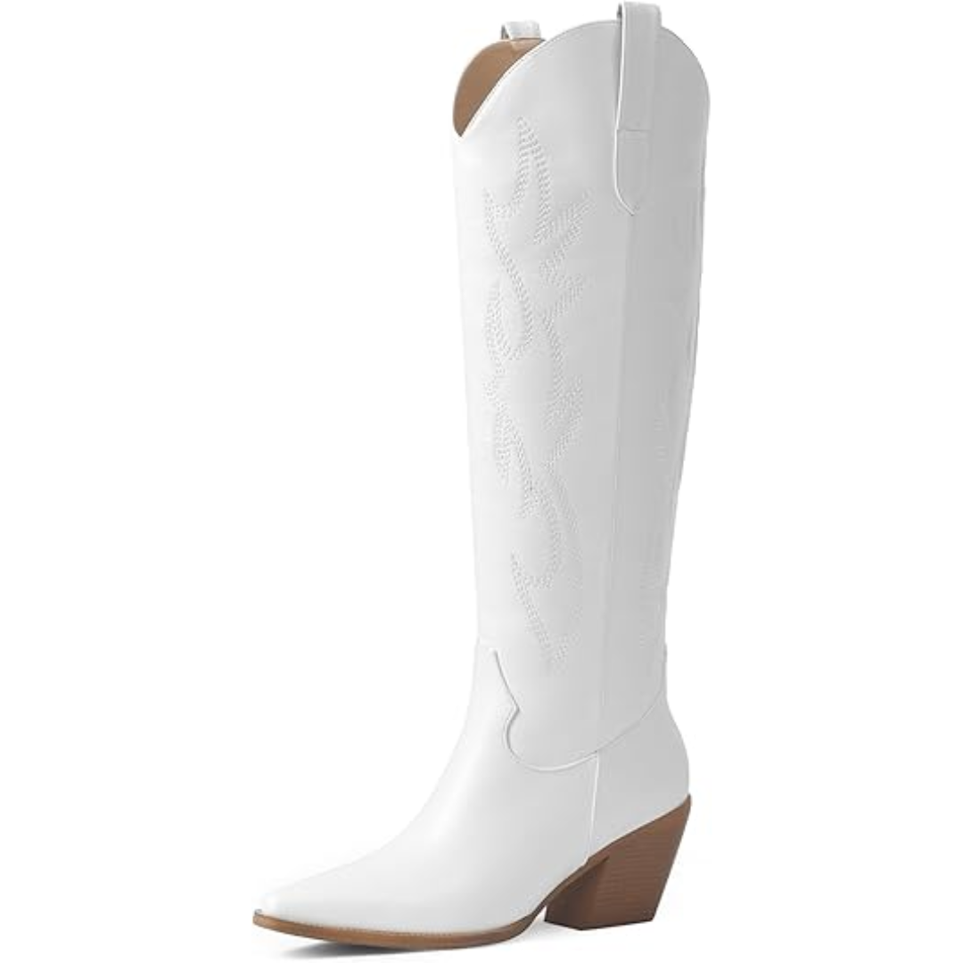 Knee-high Embroidered Suede & Faux Leather Cowboy Boots - Mary-White PU-2.5-3.5-The Livary