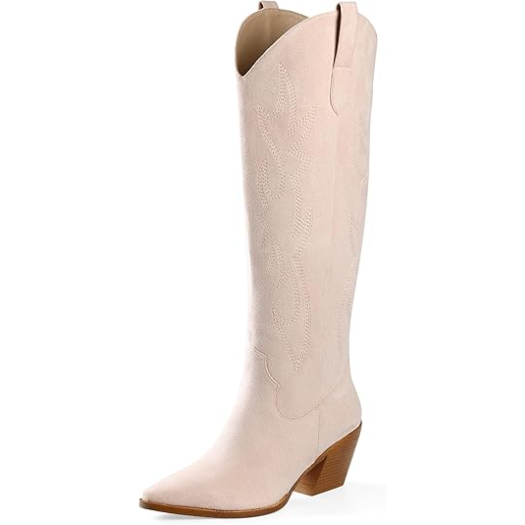 Knee-high Embroidered Suede & Faux Leather Cowboy Boots - Mary-Pink-2.5-3.5-The Livary