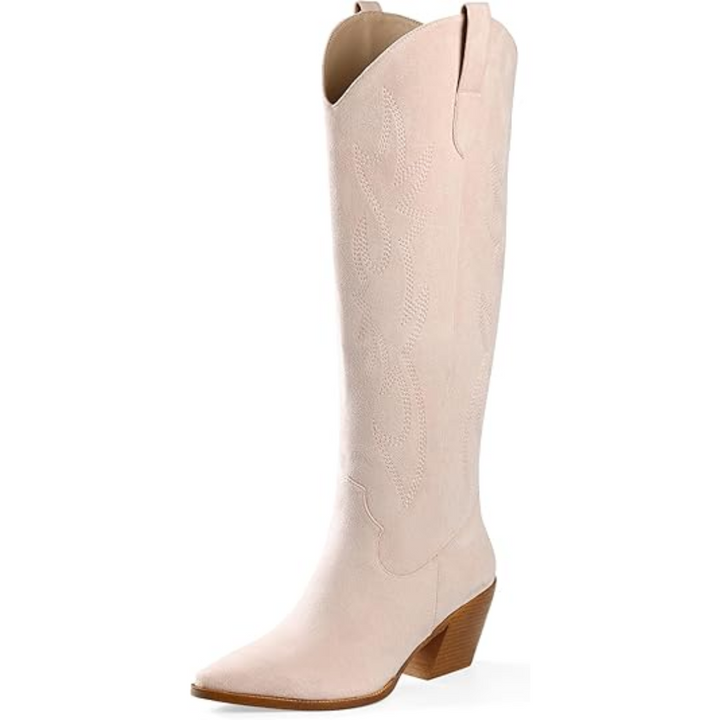 Knee-high Embroidered Suede & Faux Leather Cowboy Boots - Mary-Pink-2.5-3.5-The Livary