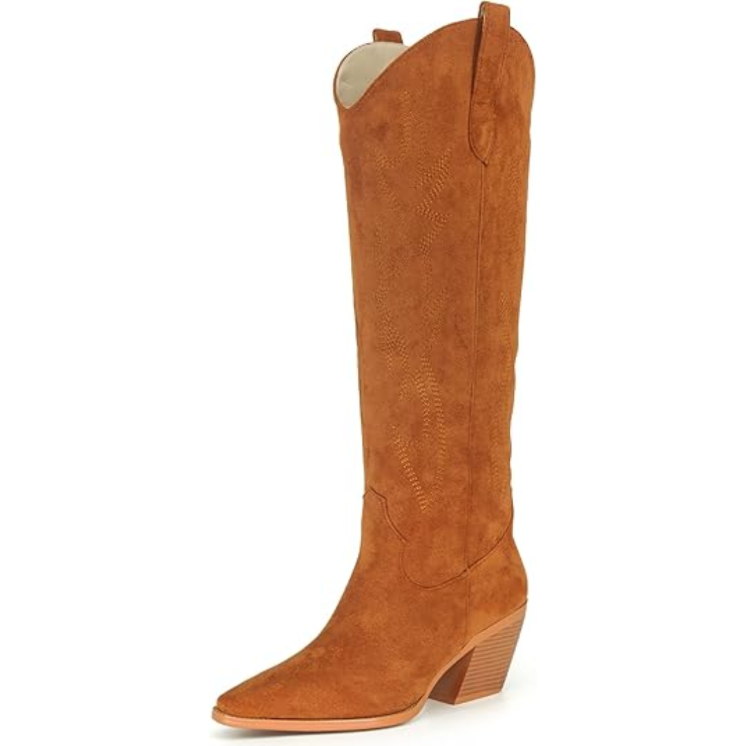 Knee-high Embroidered Suede & Faux Leather Cowboy Boots - Mary-Brown-2.5-3.5-The Livary