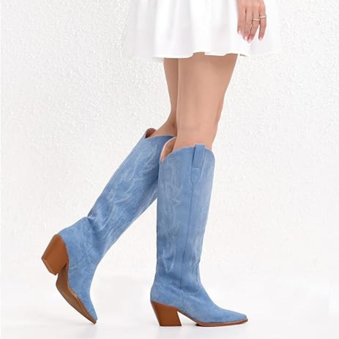 Knee-high Embroidered Suede & Faux Leather Cowboy Boots - Mary-Beige-2.5-3.5-The Livary