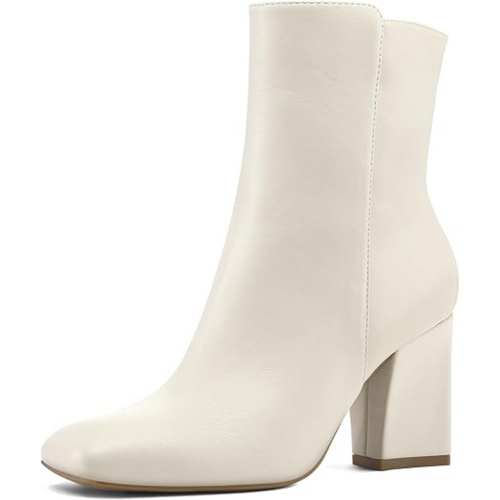 Chunky Block Heel Ankle Boots - Jamie-Cream PU-3.5-The Livary