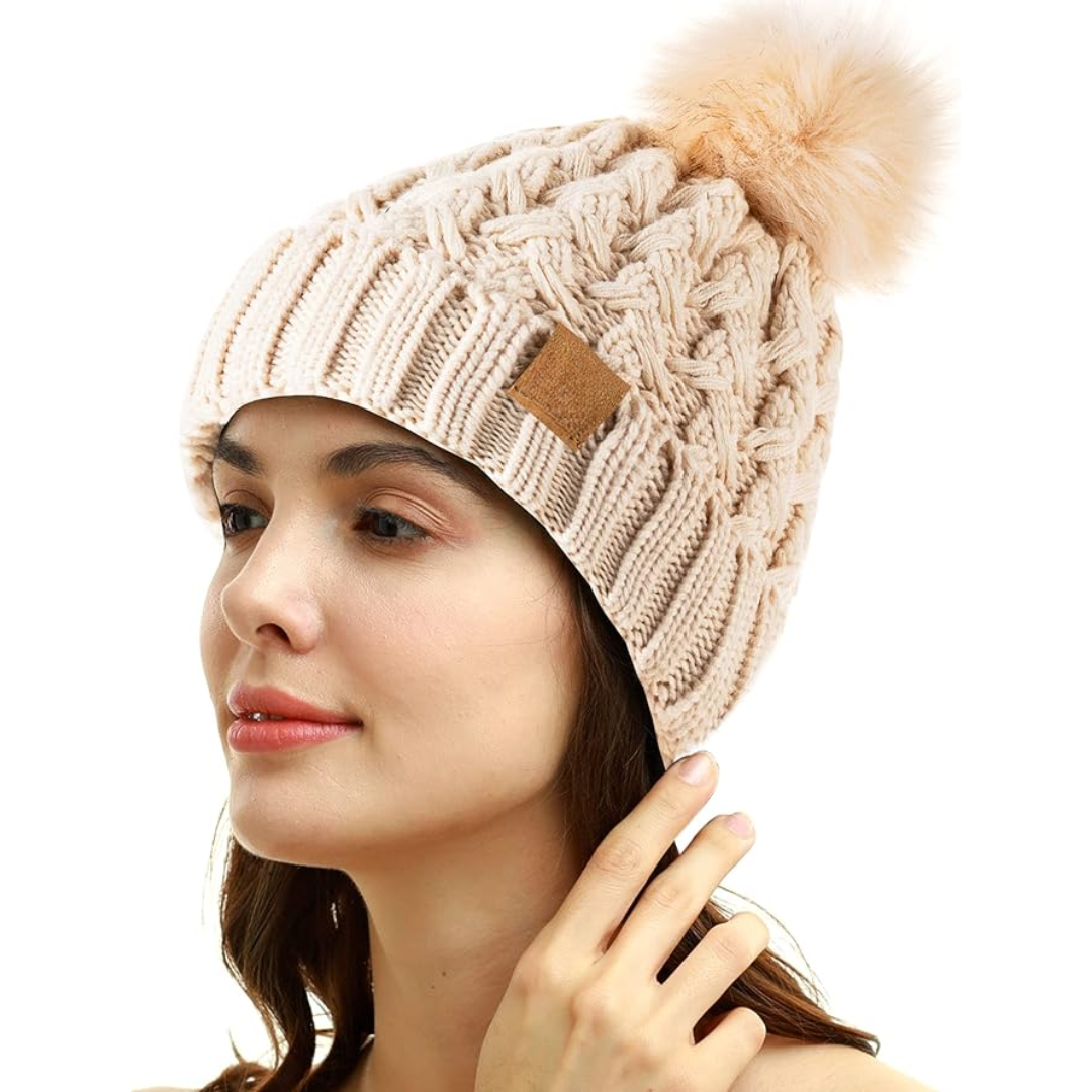 Comfortable Winter Pom Beanie - Yvonne-Beige-The Livary
