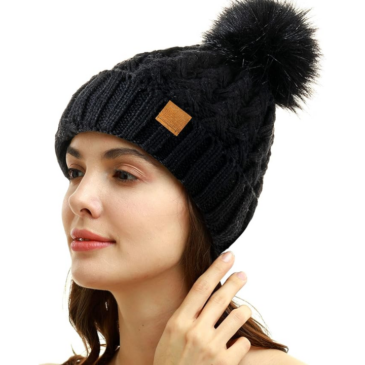 Comfortable Winter Pom Beanie - Yvonne-Black-The Livary