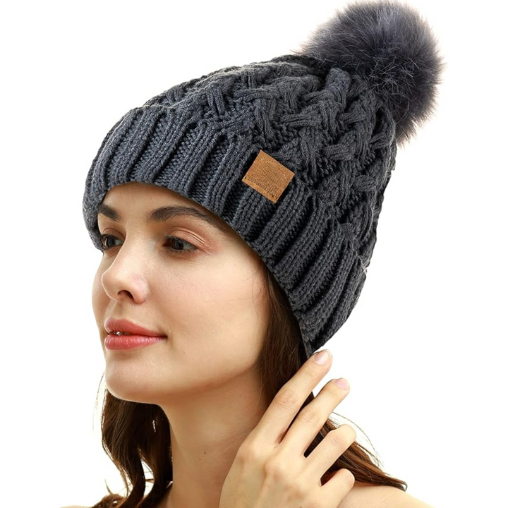 Comfortable Winter Pom Beanie - Yvonne-Grey-The Livary