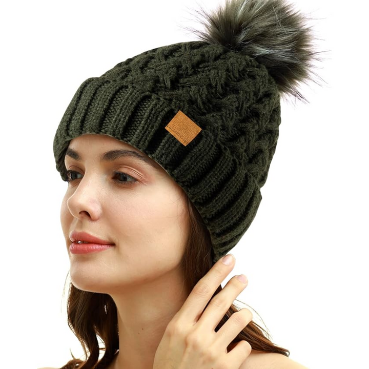 Comfortable Winter Pom Beanie - Yvonne-Dark green-The Livary
