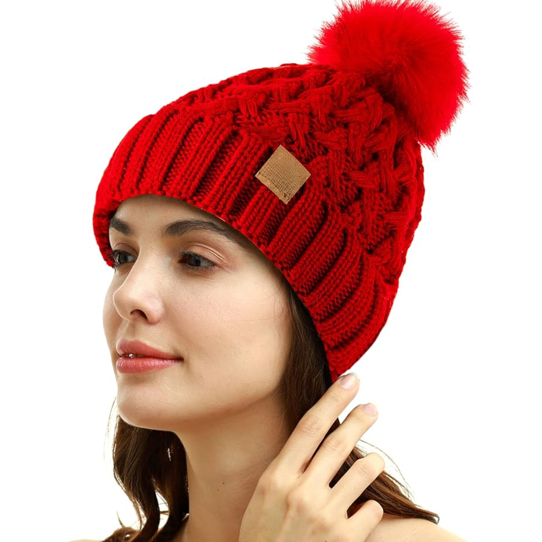 Comfortable Winter Pom Beanie - Yvonne-Red-The Livary