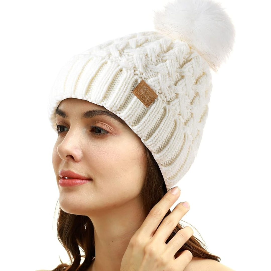 Comfortable Winter Pom Beanie - Yvonne-White-The Livary