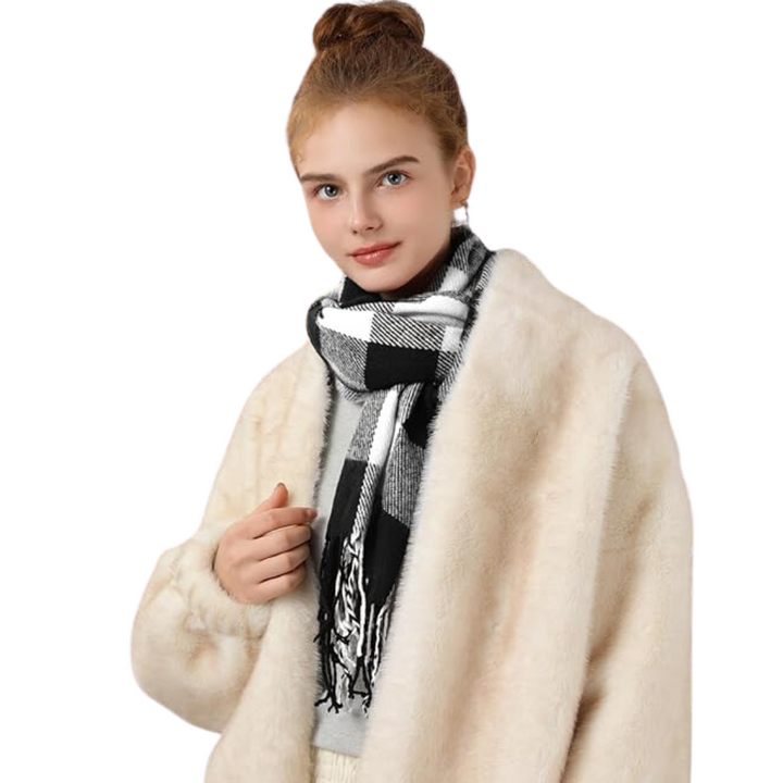 Soft Cashmere Winter Scarf - Martha-Black White Checked-The Livary
